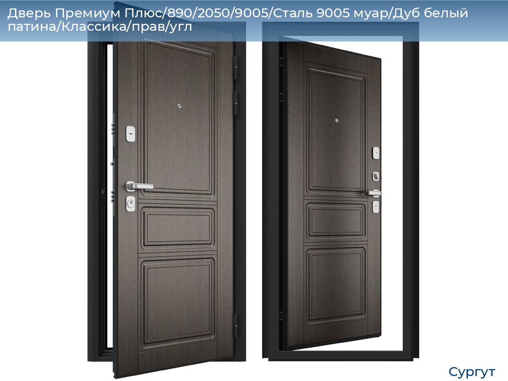 Дверь Премиум Плюс/890/2050/9005/Сталь 9005 муар/Дуб белый патина/Классика/прав/угл, surgut.doorhan.ru